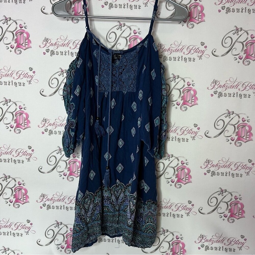 Angie shirt blouse open cold shoulder paisley Women's Blue Patterned Top